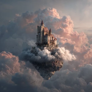 Floating castle above the clouds, soft magic tones