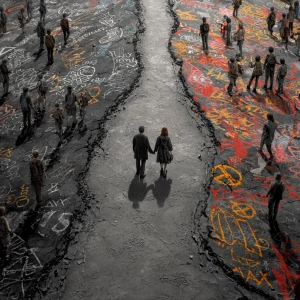A conceptual scene showing two paths — one with hate graffiti an...