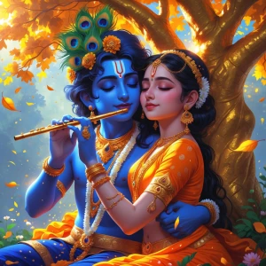 A divine, vibrant digital painting of Lord Krishna and Radha in...