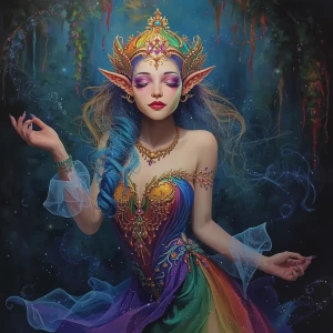 A resplendently ethereal elf, decorated in a rainbow of colors t...