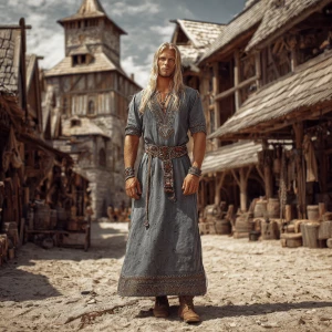 Create a realistic full-length photo in a medieval village style...