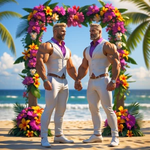 Two muscular men standing together on a sunlit tropical beach, p...