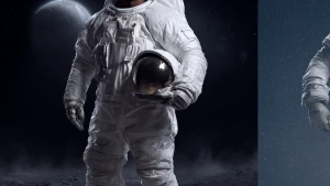 Astronaut standing confidently in a shining white spacesuit, hel...
