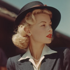 Blonde haired woman in thr 1950s in proper attire