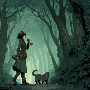 In a dark green forest with towering trees, a brunette woman str...