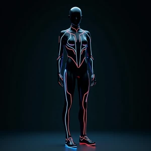 Display a high-tech Tron-inspired suit with glowing neon lines o...