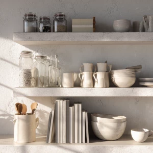 Create a modern kitchen setting with open shelving decorated wit...