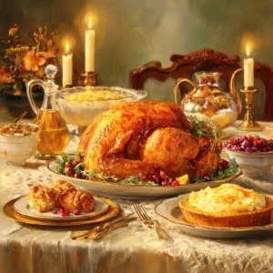 Imagine a festive Thanksgiving scene with a beautifully set tabl...