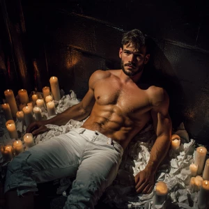 Two 20-year-old men bodybuilder brown hair and beard wearing whi...