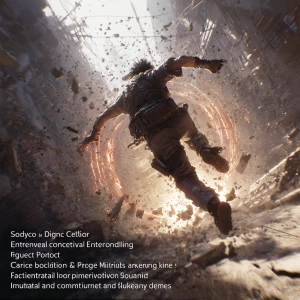 “A cyberpunk warrior launches from a shattered rooftop, leaving...