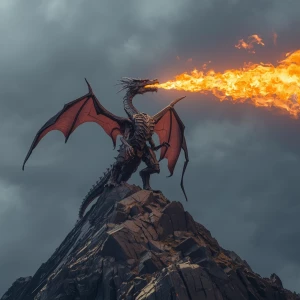 A machine dragon hybrid at the top of a mountain breathing fire