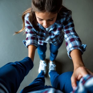 Teenage girl wearing rolled sleeves plaid shirt, blue pants, whi...