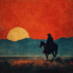 A lone cowboy on horseback rides across wide open prairies at su...