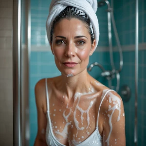 A women of 40 age is bathing in bathroom