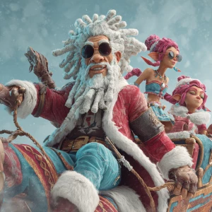 Generate an animated scene showcasing a stylish Santa Claus, dra...