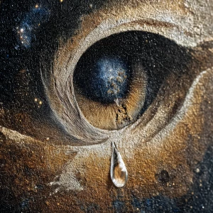 Surrealism. Extreme close-up. A single, crystalline tear falls f...