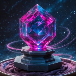 A shimmering octagonal crystal, glowing with otherworldly hues o...