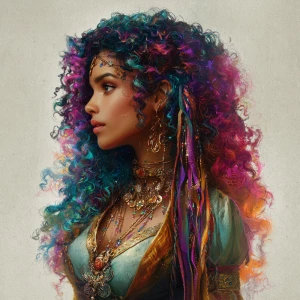 An enchanting woman with cascading curly hair in vibrant rainbow...