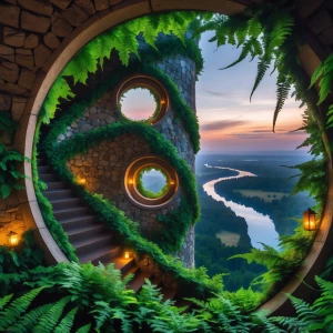 Fern Spiral Tower Top: At the crown of a winding watchtower, a s...