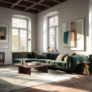 Create a photorealistic full-room image of a luxury Scandinavian...