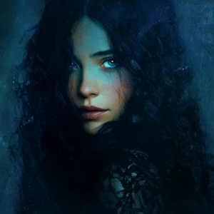 A resplendently enigmatic digital oracle, her dark beauty a haun...