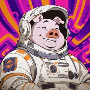 Cute cartoon pig in vintage white spacesuit and NASA style helme...