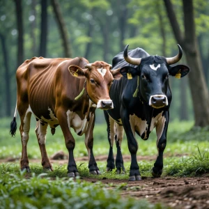 Indian breed zebu cow and Indian breed zebu Bull is grazing & ru...