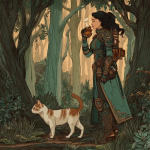 In a dark green forest with towering trees, a brunette woman str...