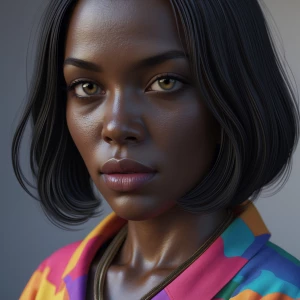 Woman with black short hair, black woman, with colourful clothes