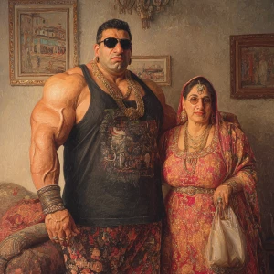 hyperrealism painting,a muscular beefy criminal kashmiri man wal...