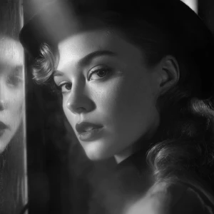 Create a portrait of a femme fatale character in classic film no...