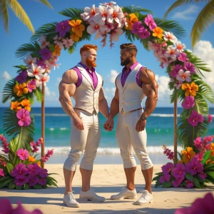 Two muscular men standing together on a sunlit tropical beach, p...