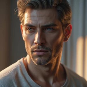 Create a highly realistic portrait of a man under soft, natural...