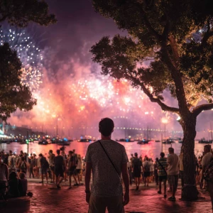 A man standing on a crowded Sydney Harbour promenade, surrounded...