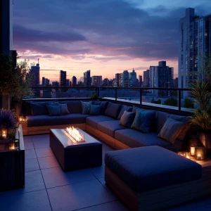 Capture the essence of a modern rooftop terrace featuring sectio...