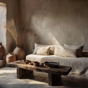 Create an ultra-realistic photograph of a wabi-sabi living room....