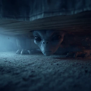 A Grey alien emerging from under the bed