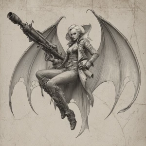 Vampire bat woman with spread wings , skeltsil details holding a...