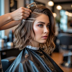A gorgeous woman in middle of haircut process in salon