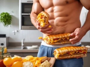 Young guy shoving cheese panini up his bum he is very slightly f...