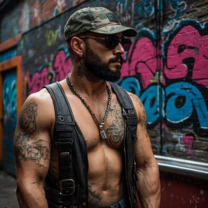 A muscular man with a full beard stands inside a small, enclosed...