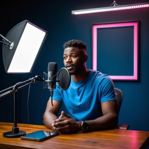 “Young African man sitting at a wooden desk in a modern podcast...