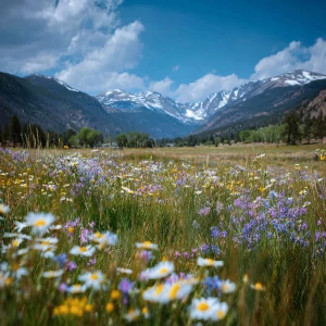 Ultra-cinematic 16:9 wide shot of Rocky Mountain National Park i...
