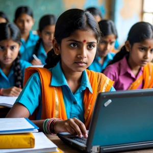 Indian school girl studying from laptop looking forward and happ