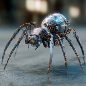 Generate a cybernetic spider droid with a cyberpunk aesthetic, s...