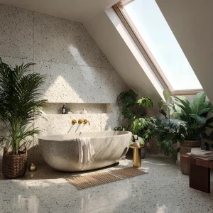 Design a Scandinavian bathroom featuring terrazzo walls, a frees...