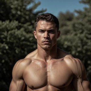 A full-body shot of a muscular man with light skin and short dar...