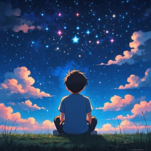 A boy sitting in grass ground in night and face to sky and sky i...
