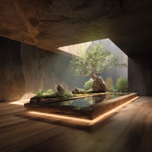 Prompt Biophilic Minimalism, Architectural Realism, Serene Zen s...
