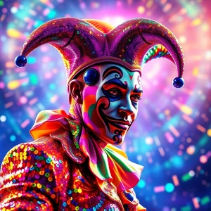 A vividly radiant harlequin jester, every pixel pulsating with e...